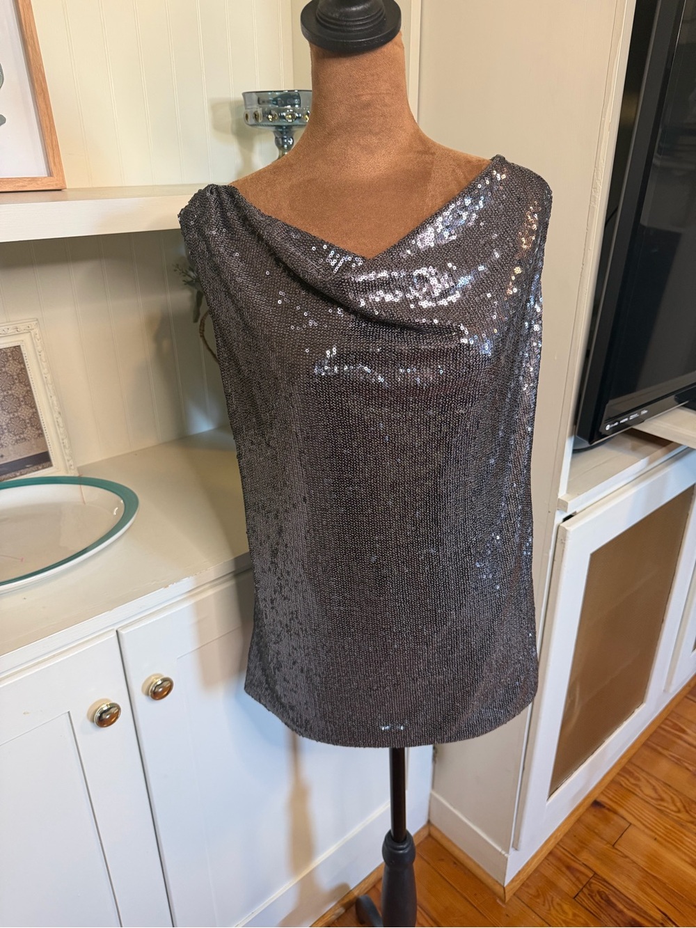 White House Black Market Charcoal Sequin Cowl Neck Camisole